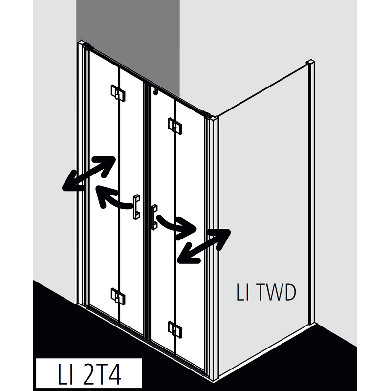 Dveře kyvné zalamovací 4-dílné Kermi Liga LI2T4 stříbrné vysoký lesk, čiré ESG sklo 130 x 200 cm