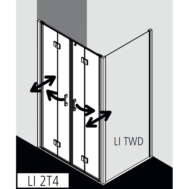 Dveře kyvné zalamovací 4-dílné Kermi Liga LI2T4 stříbrné vysoký lesk, čiré ESG sklo 140 x 200 cm