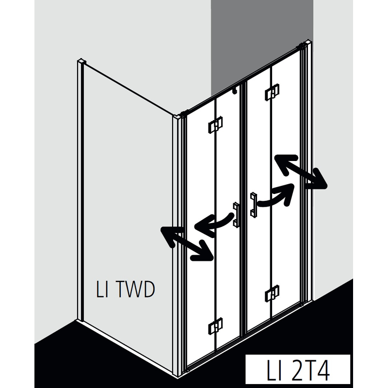 Dveře kyvné zalamovací 4-dílné Kermi Liga LI2T4 stříbrné vysoký lesk, čiré ESG sklo 145 x 200 cm