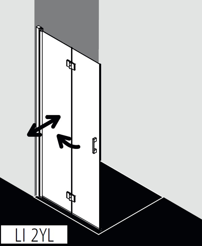 Zástěna Walk-in Wall kyvné zalamovací provedení Kermi Liga LI2YL levá stříbrná vysoký lesk, čiré ESG sklo 100 x 200 cm