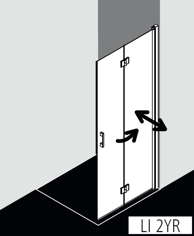 Zástěna Walk-in Wall kyvné zalamovací provedení Kermi Liga LI2YR pravá stříbrná vysoký lesk, čiré ESG sklo 110 x 200 cm