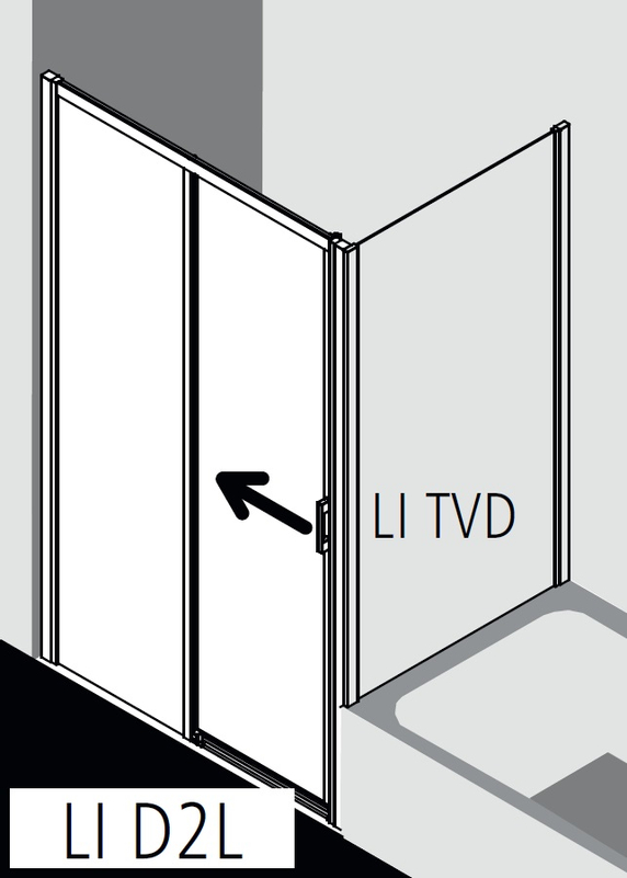 Posuvné bezbariérové dveře 2-dílné s pevným polem Kermi Liga LID2L levé stříbrné vysoký lesk, čiré ESG sklo 130 x 200 cm
