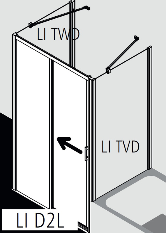 Posuvné bezbariérové dveře 2-dílné s pevným polem Kermi Liga LID2L levé stříbrné vysoký lesk, čiré ESG sklo 130 x 200 cm