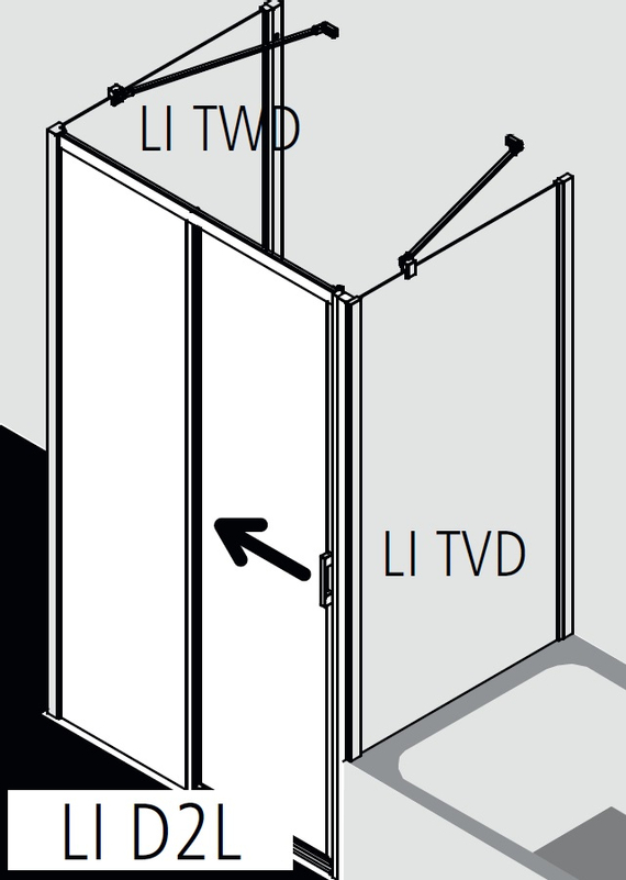 Posuvné bezbariérové dveře 2-dílné s pevným polem Kermi Liga LID2L levé stříbrné vysoký lesk, čiré ESG sklo 145 x 200 cm