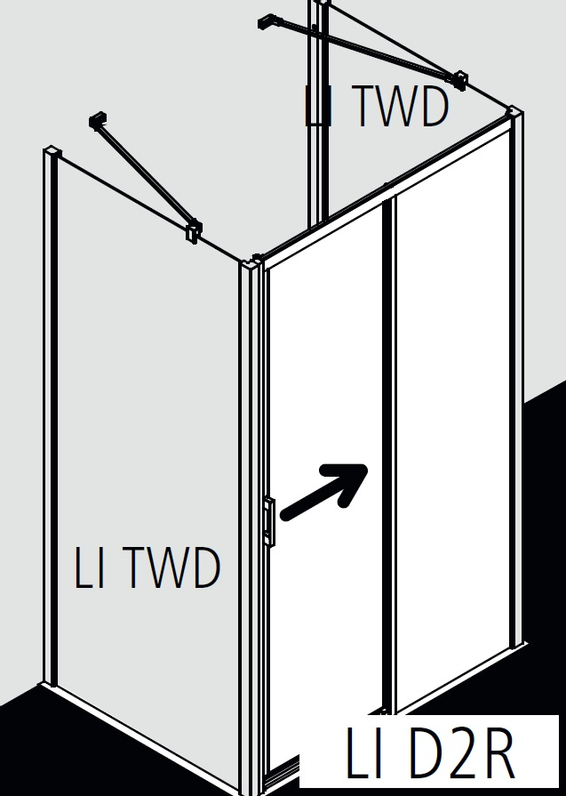 Posuvné bezbariérové dveře 2-dílné s pevným polem Kermi Liga LID2R pravé stříbrné vysoký lesk, čiré ESG sklo 110 x 200 cm