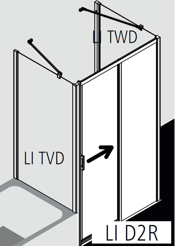 Posuvné bezbariérové dveře 2-dílné s pevným polem Kermi Liga LID2R pravé stříbrné vysoký lesk, čiré ESG sklo 115 x 200 cm