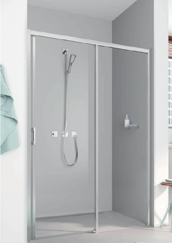 Posuvné bezbariérové dveře 2-dílné s pevným polem Kermi Liga LID2R pravé stříbrné vysoký lesk, čiré ESG sklo 135 x 200 cm