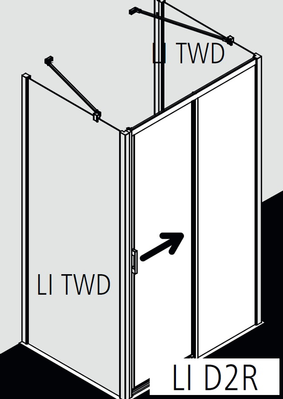 Posuvné bezbariérové dveře 2-dílné s pevným polem Kermi Liga LID2R pravé stříbrné vysoký lesk, čiré ESG sklo 155 x 200 cm