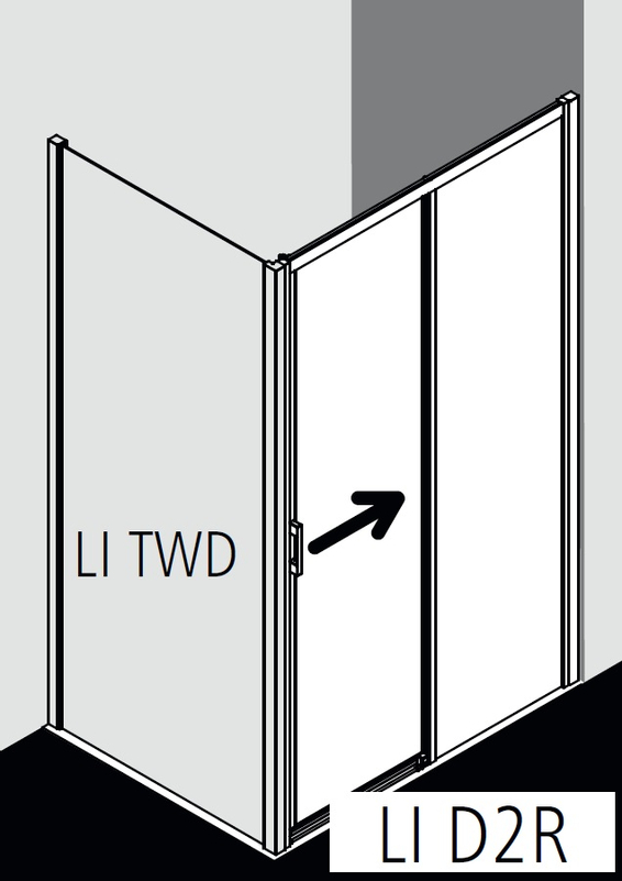 Posuvné bezbariérové dveře 2-dílné s pevným polem Kermi Liga LID2R pravé stříbrné vysoký lesk, čiré ESG sklo 155 x 200 cm
