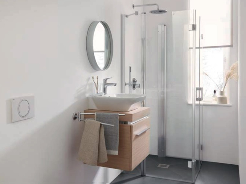 U-Kabina zalamovací dveře s pevnými poli a pevné pole Kermi LIF2U stříbrná vysoký lesk, čiré ESG sklo s úpravou 90 x 90 x 185 cm