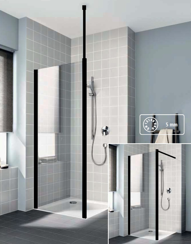 Zástěna Walk-in Wall se stěnovou nebo stropní vzpěrou Kermi Cada XS CKWDW černá, čiré ESG sklo s úpravou CADAclean 120 x 200 cm