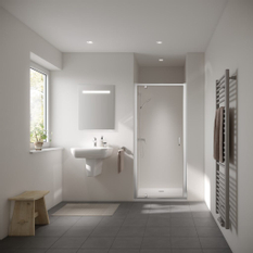 Dveře kyvné pivotové 1-křídle Kermi Stina STKOP stříbrné vysoký lesk, čiré ESG sklo s úpravou CLEAN 80 x 195 cm