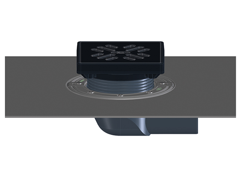 Balkonový/terasový/dvorní vtok HL Hutterer & Lechner, DN75 s ležatým odtokem, s asfaltovou manžetou, se suchou nezámrznou zápachovou klapkou, litina 190x190mm/litina 175x175mm, sítko, plochý koš