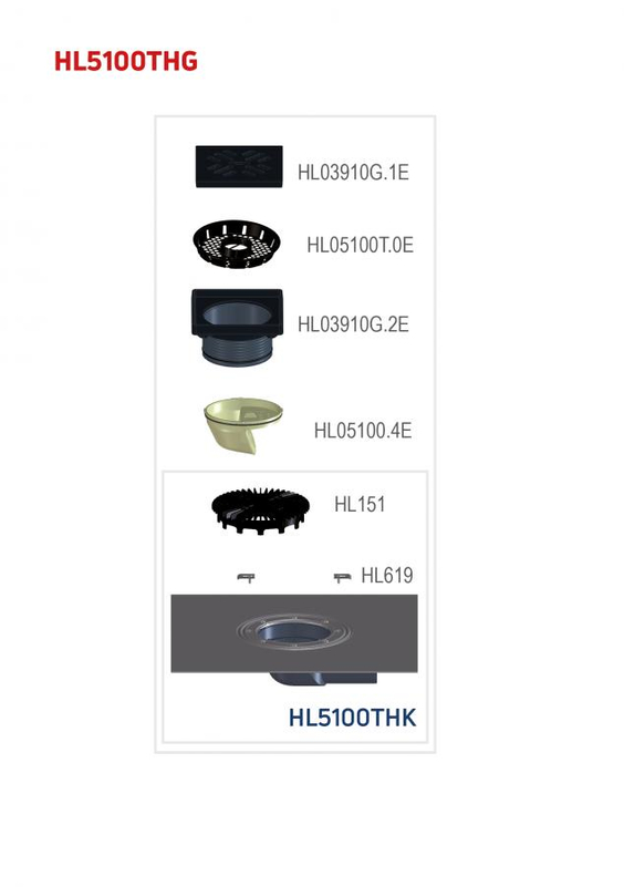 Balkonový/terasový/dvorní vtok HL Hutterer & Lechner, DN75 s ležatým odtokem, s asfaltovou manžetou, se suchou nezámrznou zápachovou klapkou, litina 190x190mm/litina 175x175mm, sítko, plochý koš