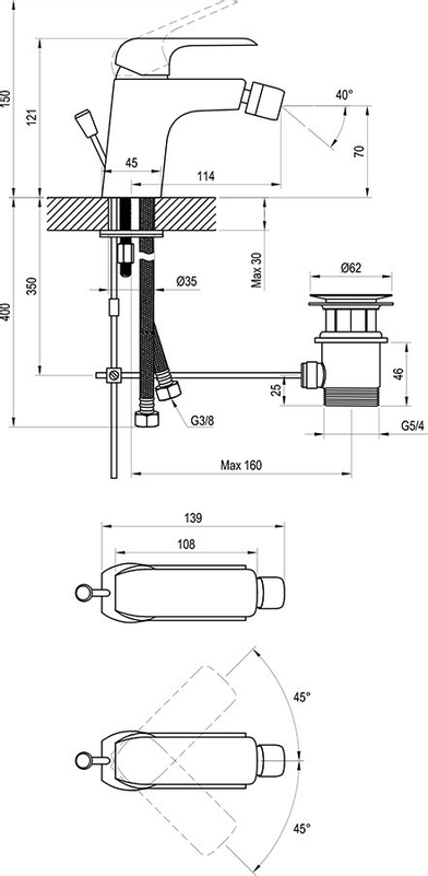 Bidetová stojánková baterie Ravak Flat FL 055.00CR 121 mm s výpustí, chrom