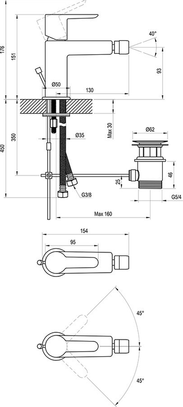 Bidetová stojánková baterie Ravak Puri PU 055.00CR 151 mm s výpustí, chrom