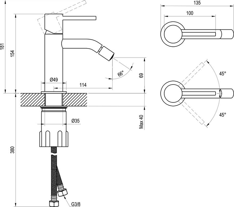 Bidetová stojánková baterie Ravak Espirit ES 056.20BLM 154 mm bez výpusti, Black Matt