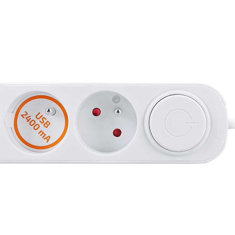 Solight 5z prodlužovací přívod s USB A+C nabíječkou 2.4A, 3m, 3 x 1mm2, bílý, vypínač