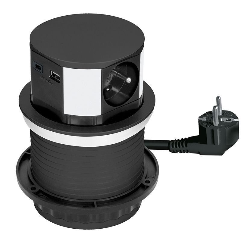 Solight 3z + USB A+C výsuvný blok zásuvek, 2m, černý