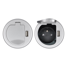Solight USB vestavná zásuvka s víčkem, 1 zásuvka, plast, délka 1,5m, 3x 1mm2, USB 2100mA, stříbrná