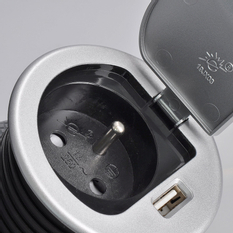 Solight USB vestavná zásuvka s víčkem, 1 zásuvka, plast, délka 1,5m, 3x 1mm2, USB 2100mA, stříbrná