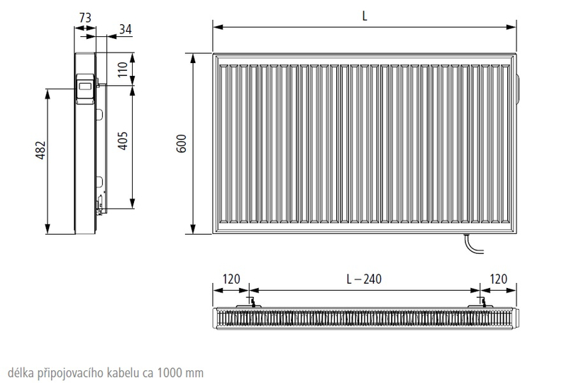 Radiátor Kermi E-Panel Profil horizontální F1E 21 600 x 1200 mm, 2000 W, regulátor vpravo se zástrčkou, bílá