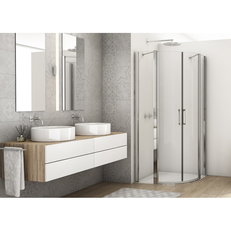 Čtvrtkruh Ronal Divera s dvoukřídlými dveřmi - nerovnostranné provedení 800 x 1200 nebo 1200 x 800 x 2000 mm, aluchrom/sklo čiré