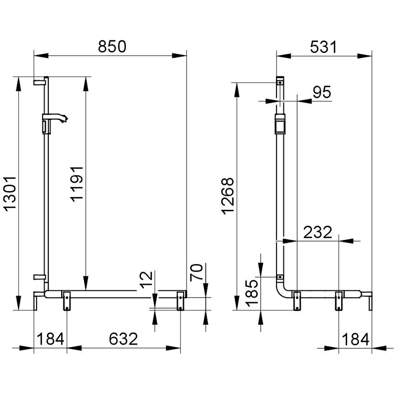 Sprchové madlo se sprchovou tyčí Keuco Axess, 850/531/1301 mm, stříbrně eloxovaný hliník/pochromováno