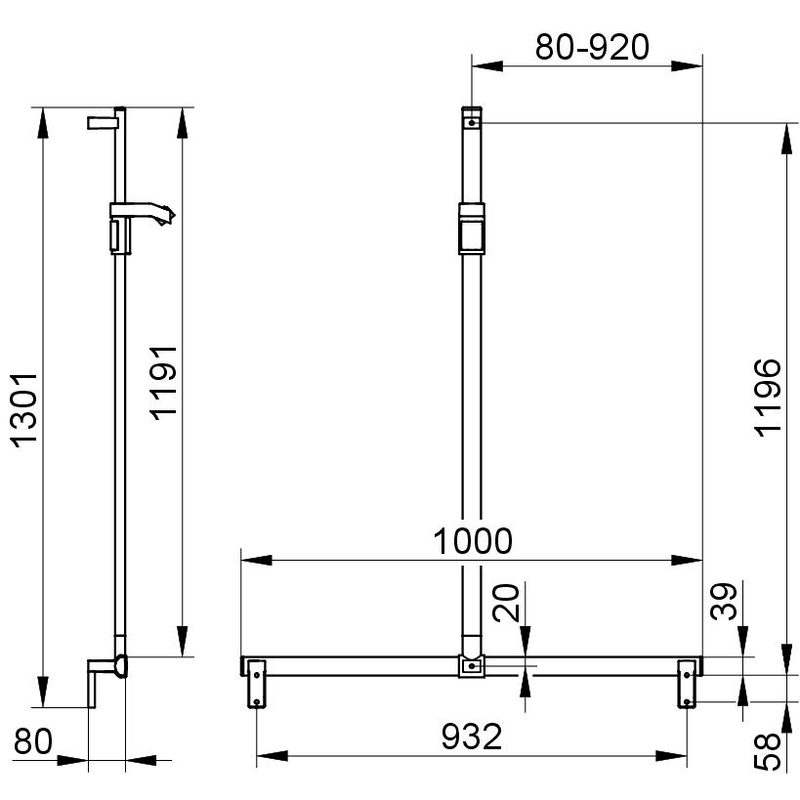 Sprchové madlo se sprchovou tyčí Keuco Axess, 1000/1301 mm, stříbrně eloxovaný hliník/pochromováno