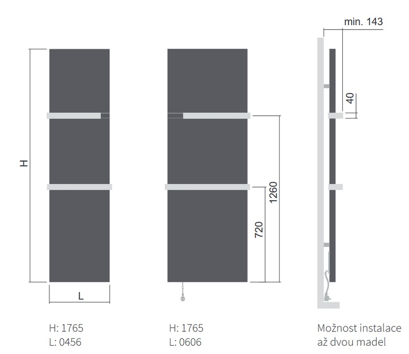 Těleso koupelnové elektické Isan E-Arte 1765 x 456 mm, 600 W, elektrické s topnou fólií, sněhově bílá RAL 9016