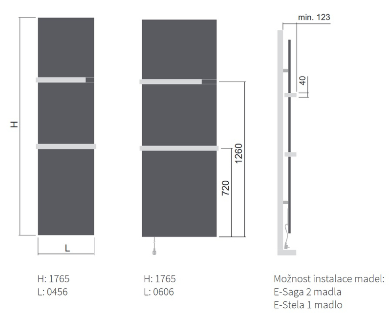 Těleso koupelnové elektické Isan E-Saga 1765 x 456 mm, 600 W, elektrické s topnou fólií, sněhově bílá RAL 9016