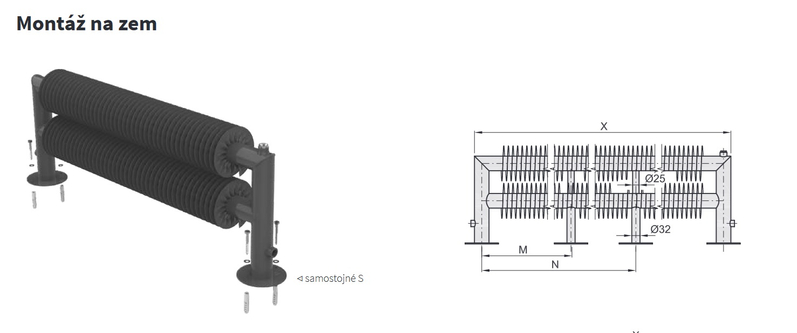 Radiátor žebrový Isan Spiral RA1 108 x 188 x 4000 mm, 2488 W, samostojný, bílá