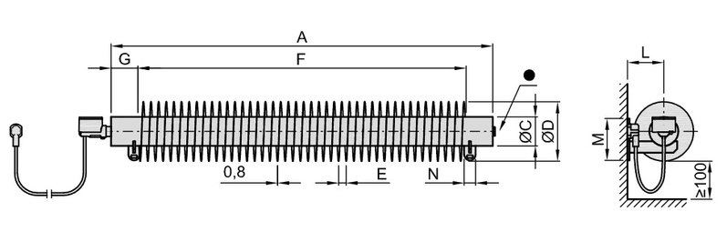 Radiátor žebrový elektrický Isan Spiral RA1, 76 x 156 x 750 mm, 300 W topná tyč s regulátorem Mini PW, na zeď, bílá