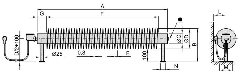 Radiátor žebrový elektrický Isan Spiral RA1, 76 x 156 x 750 mm, 300 W topná tyč s regulátorem Mini PW, na zem, bílá