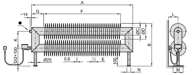 Radiátor žebrový elektrický Isan Spiral RAT2, 76 x 156 x 2000 mm, 1200 W topná tyč s regulátorem Mini PW, na zem, bílá