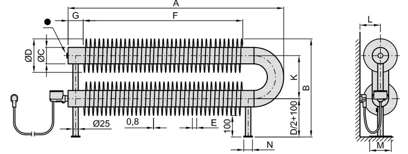 Radiátor žebrový elektrický Isan Spiral RAO2, 76 x 156 x 2000 mm, 1200 W topná tyč s regulátorem Mini PW, na zem, bílá