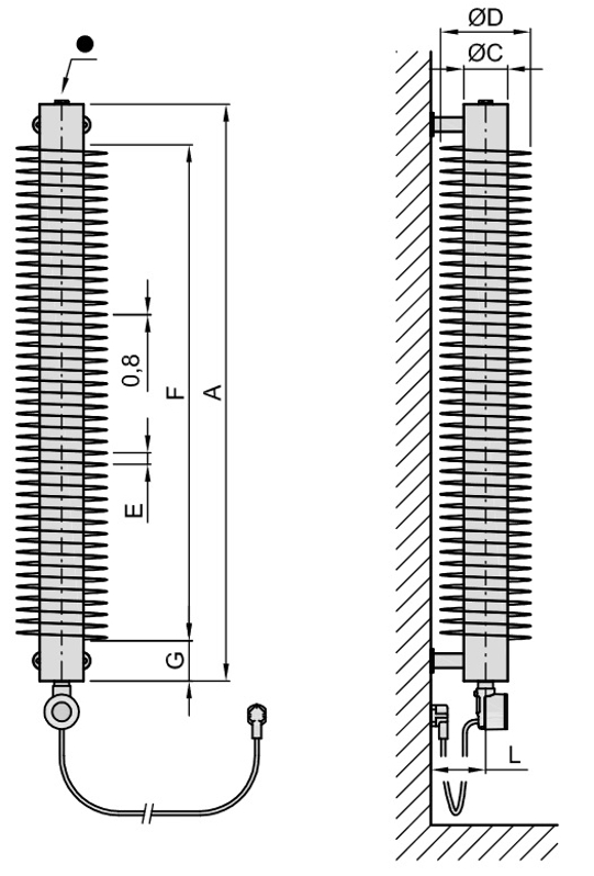 Radiátor žebrový elektrický Isan Spiral RA1, 76 x 156 x 2000 mm, 600 W topná tyč s regulátorem Mini PW, vertikalní na zeď, bílá