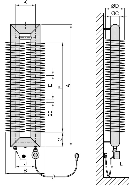 Radiátor žebrový elektrický Isan Spiral RAT2, 57 x 137 x 2000 mm, 800 W topná tyč s regulátorem Mini PW, vertikalní na zeď, bílá
