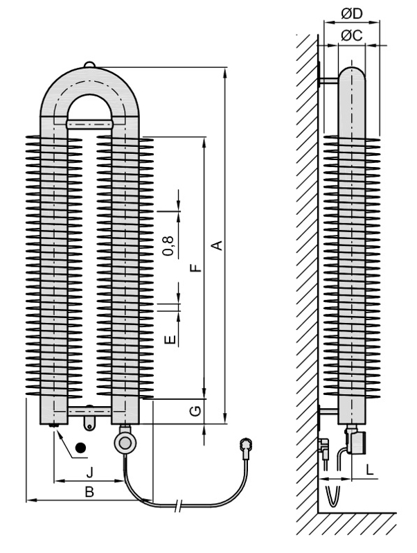 Radiátor žebrový elektrický Isan Spiral RAO2, 57 x 137 x 1000 mm, 400 W topná tyč s regulátorem Mini PW, vertikalní na zeď, bílá