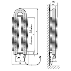 Radiátor žebrový elektrický Isan Spiral RAO2, 57 x 137 x 2000 mm, 800 W topná tyč s regulátorem Mini PW, vertikalní na zeď, bílá