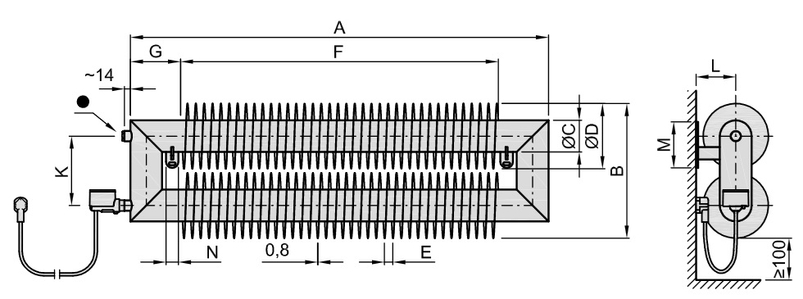 Radiátor žebrový elektrický Isan Spiral RAT2, 57 x 137 x 1500 mm, 900 W topná tyč s regulátorem Vision (vč. Gateway), na zeď, bílá