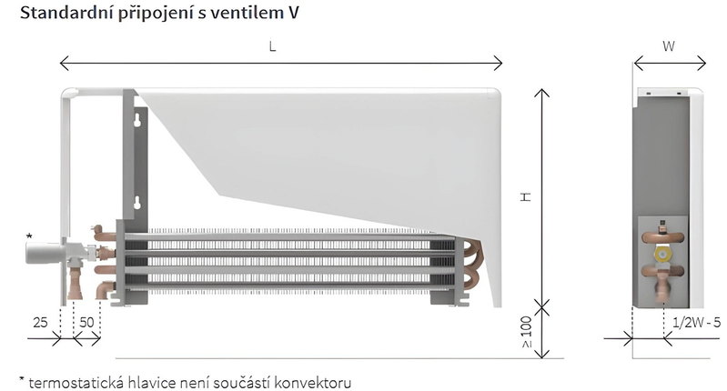 Konvektor nástěnný Isan Ecolite Round 500 x 122 x 800 mm, 622 W, připojení vlevo, bílá