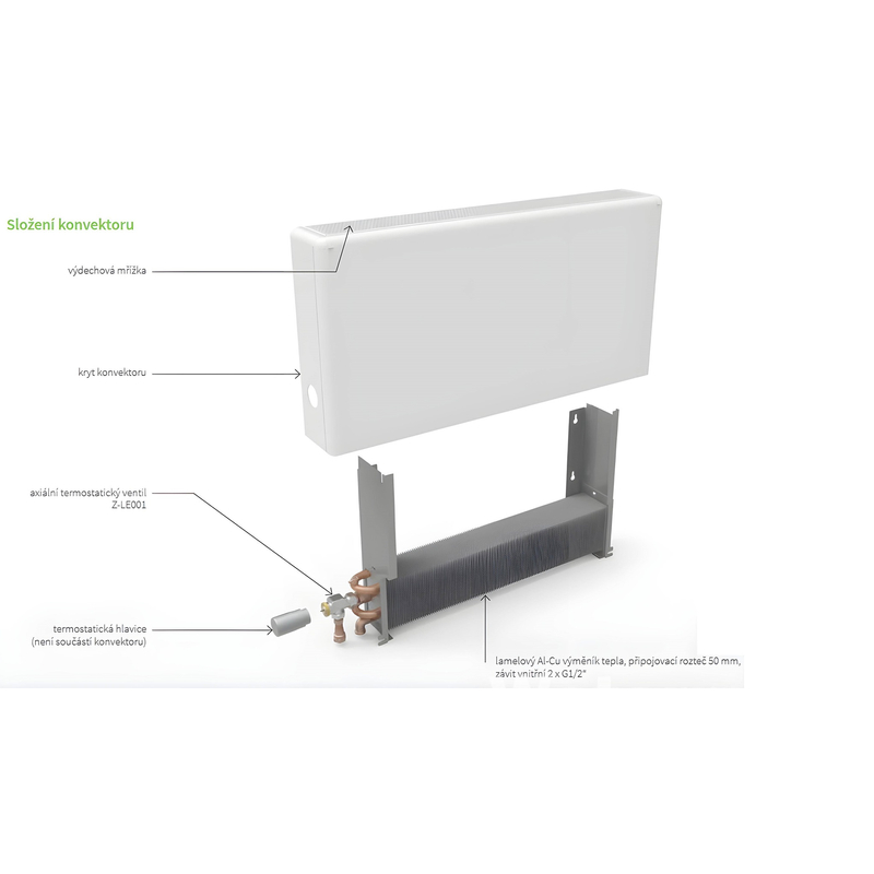 Konvektor nástěnný Isan Ecolite Round 600 x 122 x 1100 mm, 1026 W, připojení vlevo, bílá