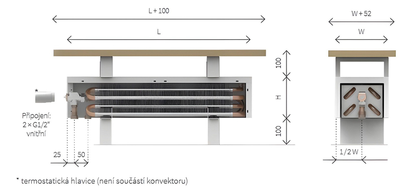 Konvektor samostojný s březovou deskou Isan Ecolite Cube 150 x 258 x 2600 mm, 3870 W, připojení vlevo, bílá/bříza