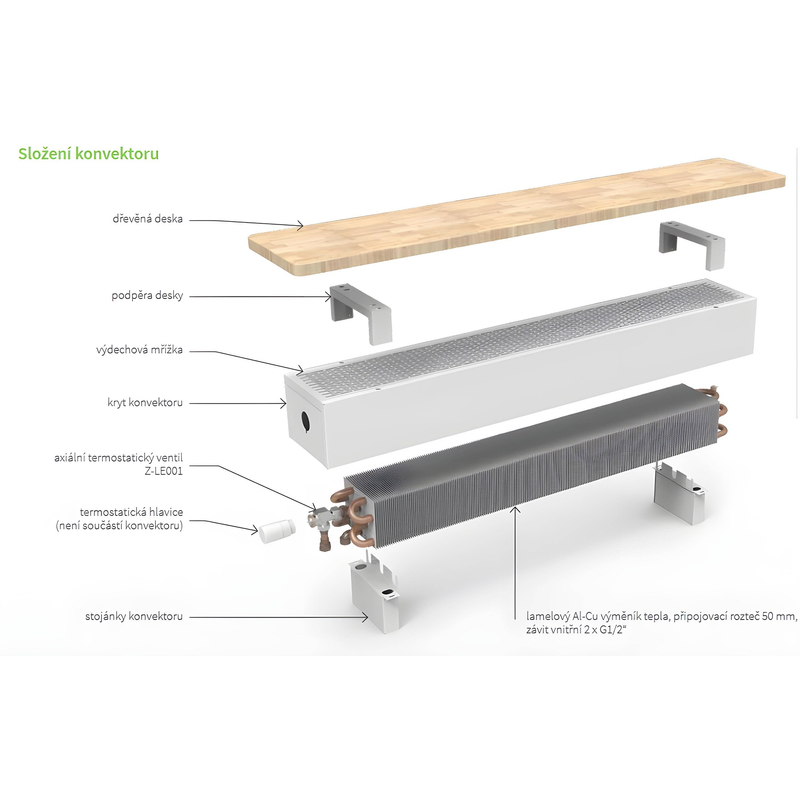 Konvektor samostojný s březovou deskou Isan Ecolite Cube 150 x 258 x 2600 mm, 3870 W, připojení vlevo, bílá/bříza