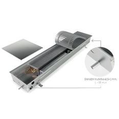 Konvektor podlahový do mokrého prostředí s ventilátoremí Isan Termo FRB 90 x 425 x 4600 mm, 11517 W, připojení vlevo, výměník nerezový, mřížka Natur příčná rolovací hliník