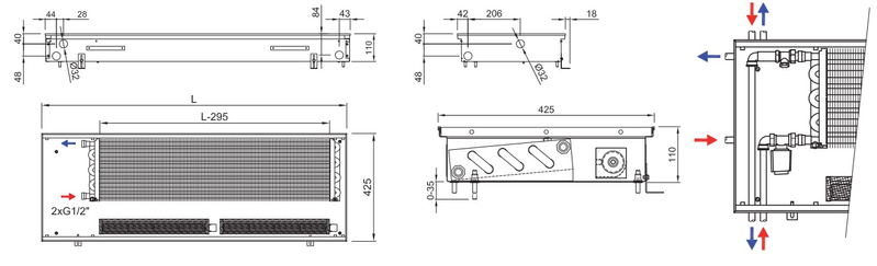Konvektor podlahový do mokrého prostředí s ventilátoremí Isan Termo FRB 110 x 425 x 4200 mm, 13004 W, připojení vlevo, výměník nerezový, mřížka Natur příčná rolovací hliník