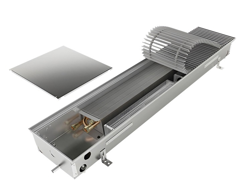 Konvektor podlahový do mokrého prostředí s ventilátoremí Isan Termo FRB 125 x 250 x 4500 mm, 11270 W, připojení vlevo, výměník nerezový, mřížka Natur příčná rolovací hliník