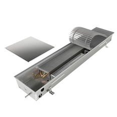 Konvektor podlahový do mokrého prostředí s ventilátoremí Isan Termo FRB 125 x 250 x 4500 mm, 11270 W, připojení vlevo, výměník nerezový, mřížka Natur příčná rolovací hliník