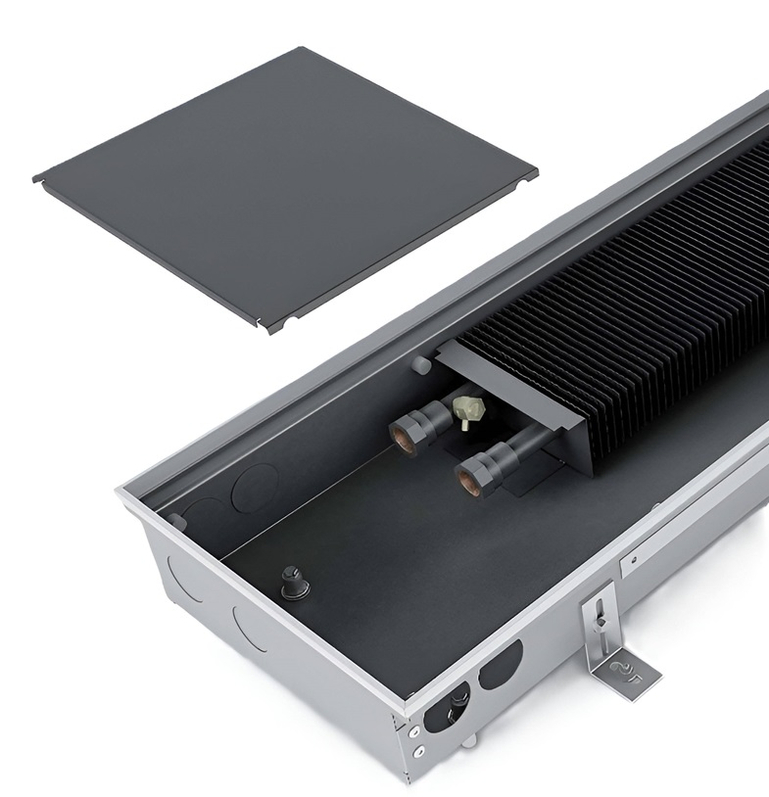 Konvektor podlahový s přirozenou konvekcí Isan Termo FRK 90 x 350 x 3900 mm, 1500 W, připojení vpravo, výměník ocelový, mřížka Natur příčná rolovací hliník
